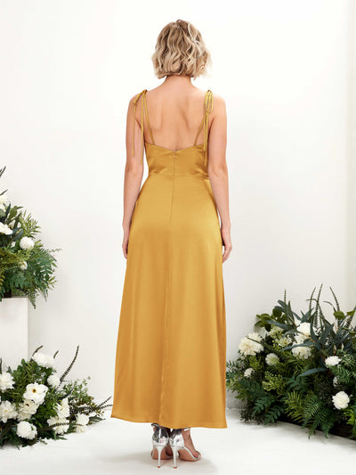 Carlyna Viola Sheath Canary Satin Bridesmaid Dress Midi Sleeveless Cowl Neck Dress Back View #color_canary
