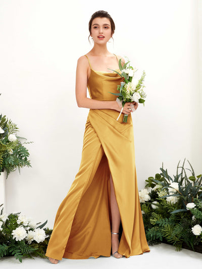 Carlyna Mavis Slim Canary Satin Bridesmaid Dress Maxi Sleeveless Cowl Neck Dress Front View #color_canary
