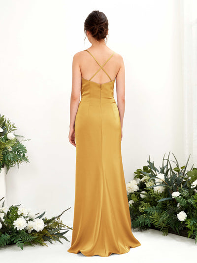 Carlyna Mavis Slim Canary Satin Bridesmaid Dress Maxi Sleeveless Cowl Neck Dress Back View #color_canary