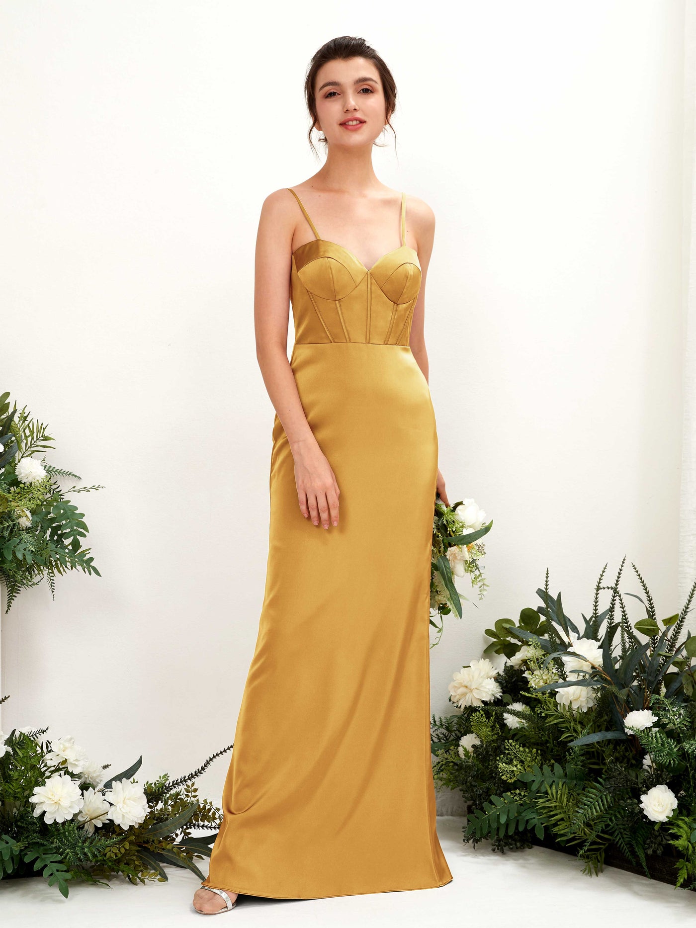 Spaghetti-straps Sweetheart Sleeveless Satin Bridesmaid Dress - Canary (80221531)#color_canary