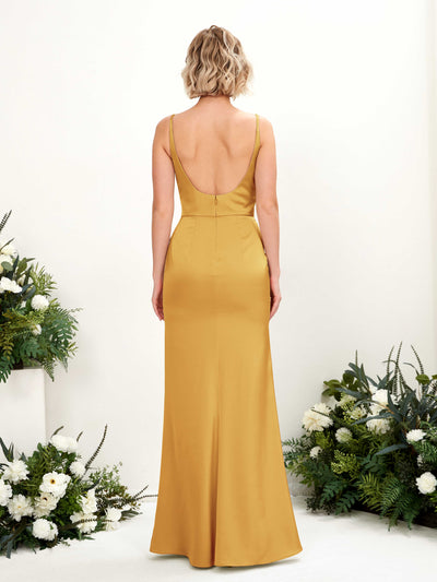Carlyna Agatha Mermaid Canary Satin Bridesmaid Dress Maxi Sleeveless V-Neck Dress Back View #color_canary