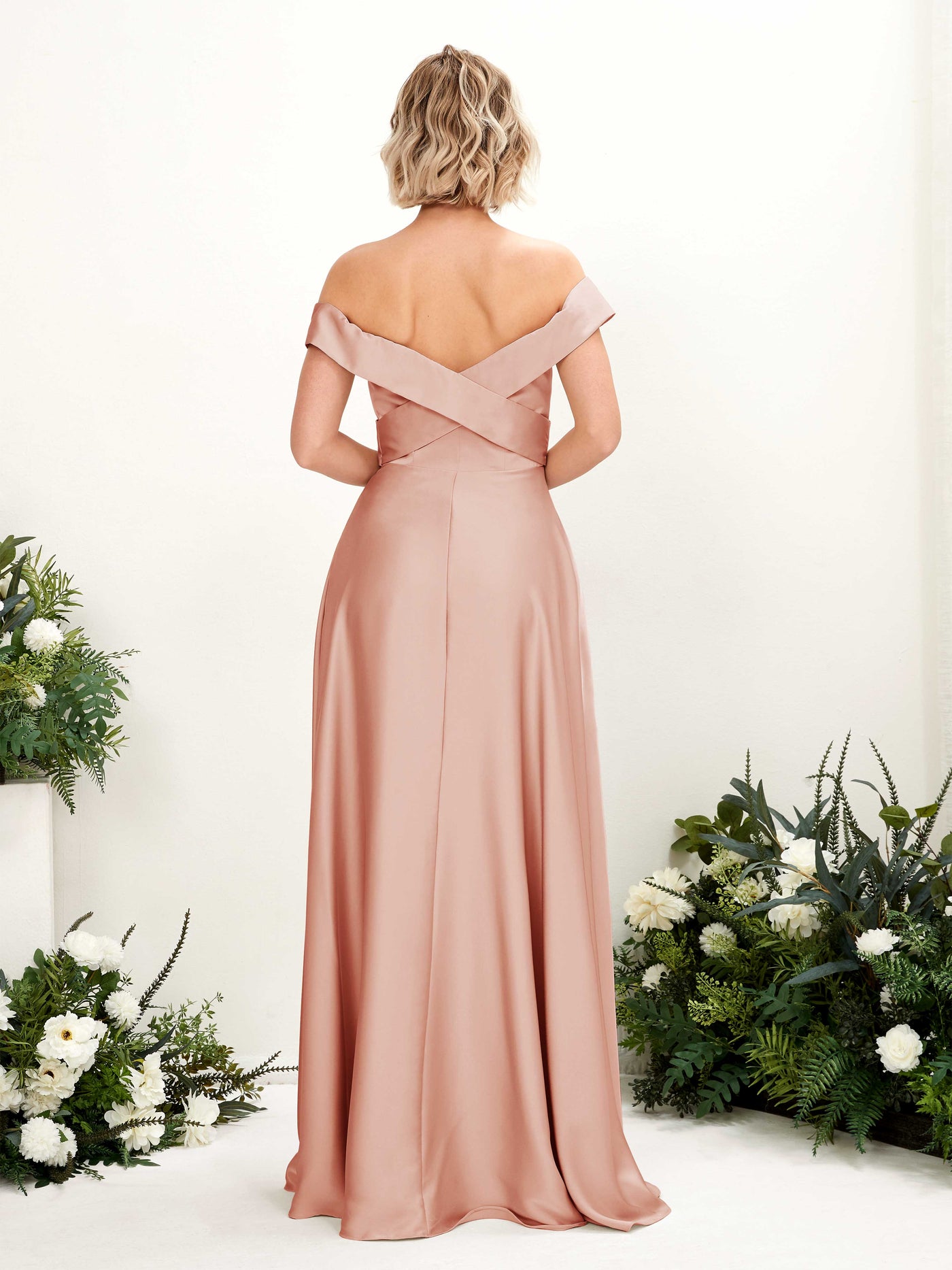 A-line Ball Gown Off Shoulder Sweetheart Satin Bridesmaid Dress - Cantaloupe (80224232)#color_cantaloupe