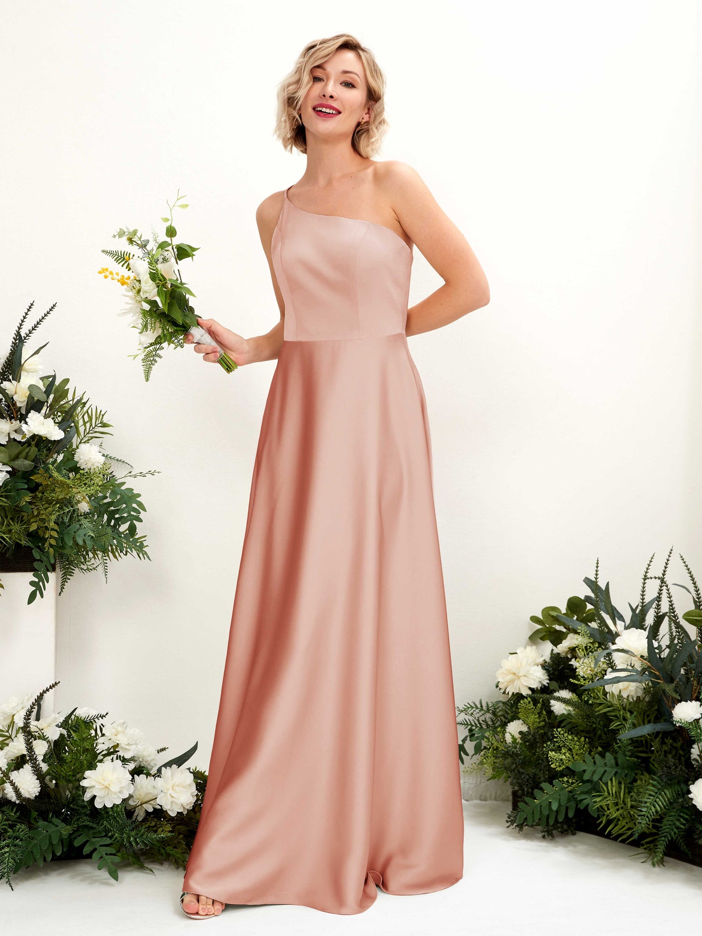 A-line Ball Gown One Shoulder Sleeveless Satin Bridesmaid Dress - Cantaloupe (80224732)#color_cantaloupe