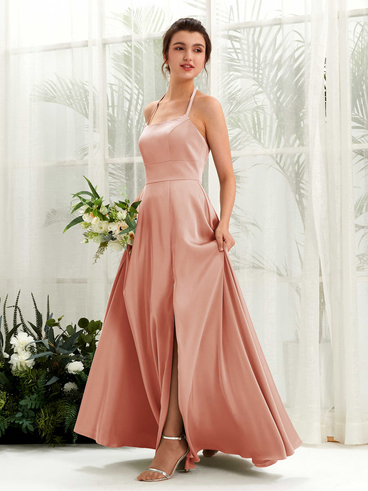 A-line Open back Sexy Slit Halter Bridesmaid Dress - Cantaloupe (80223932)