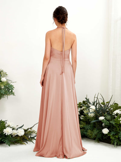 Carlyna Jocelyn A-Line Cantaloupe Satin Bridesmaid Dress Maxi Sleeveless Halter Dress Back View #color_cantaloupe
