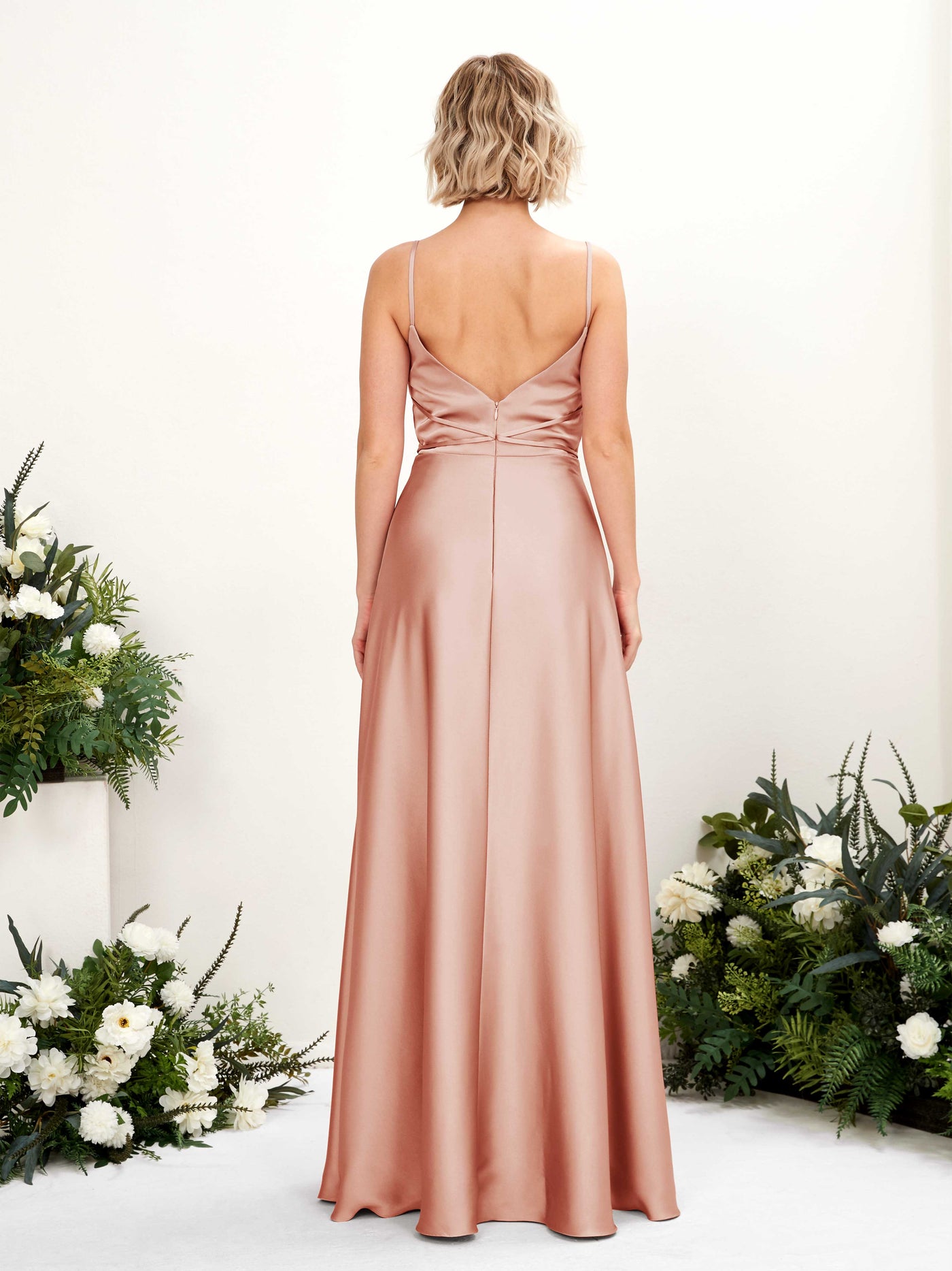 A-line Open back Straps Sleeveless Satin Bridesmaid Dress - Cantaloupe (80223132)#color_cantaloupe