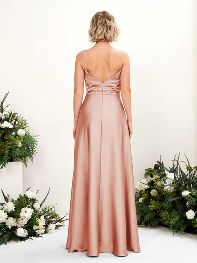 Carlyna Wallis A-Line Cantaloupe Satin Bridesmaid Dress Maxi Sleeveless Cowl Neck Dress Back View #color_cantaloupe