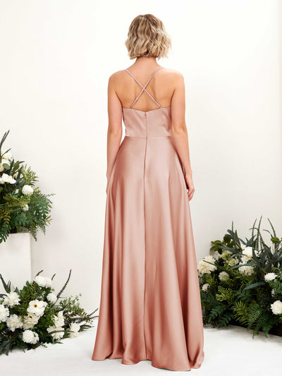Carlyna Lenoya A-Line Cantaloupe Satin Bridesmaid Dress Maxi Sleeveless V-Neck Dress Back View #color_cantaloupe