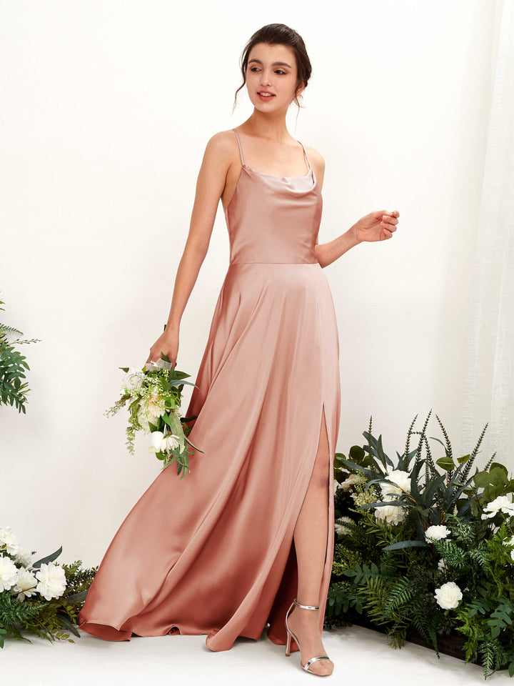 Ball Gown Sexy Slit Straps Sleeveless Satin Bridesmaid Dress - Cantaloupe (80221132)
