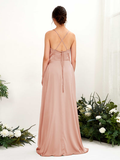 Carlyna Theresa A-Line Cantaloupe Satin Bridesmaid Dress Maxi Sleeveless Cowl Neck Dress Back View #color_cantaloupe