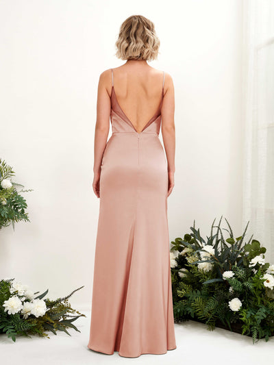 Carlyna Letitia Mermaid Cantaloupe Satin Bridesmaid Dress Maxi Sleeveless V-Neck Dress Back View #color_cantaloupe