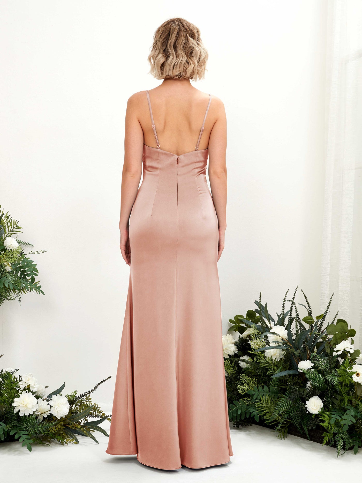 Open back Sexy Slit Straps Satin Bridesmaid Dress - Cantaloupe (80223032)#color_cantaloupe