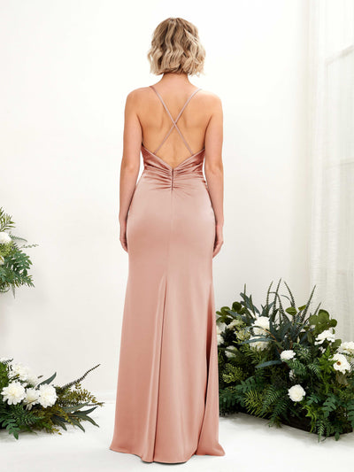 Carlyna Regina Mermaid Cantaloupe Satin Bridesmaid Dress Maxi Sleeveless Cowl Neck Dress Side View 2 #color_cantaloupe