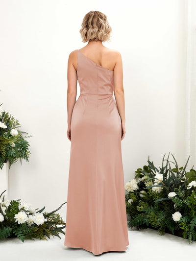 Carlyna Hedy Sheath Cantaloupe Satin Bridesmaid Dress Maxi Sleeveless One Shoulder Dress Back View #color_cantaloupe