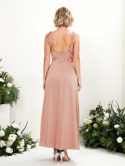 Carlyna Viola Sheath Cantaloupe Satin Bridesmaid Dress Midi Sleeveless Cowl Neck Dress Back View #color_cantaloupe