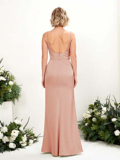 Carlyna Agatha Mermaid Cantaloupe Satin Bridesmaid Dress Maxi Sleeveless V-Neck Dress Back View #color_cantaloupe