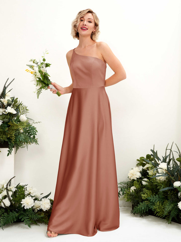A-line Ball Gown One Shoulder Sleeveless Satin Bridesmaid Dress - Raw Sienna (80224715)