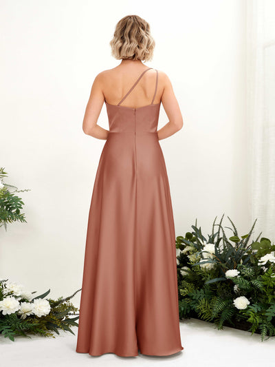 Carlyna Dinah A-Line Raw Sienna Satin Bridesmaid Dress Maxi Sleeveless One Shoulder Dress Back View #color_raw-sienna