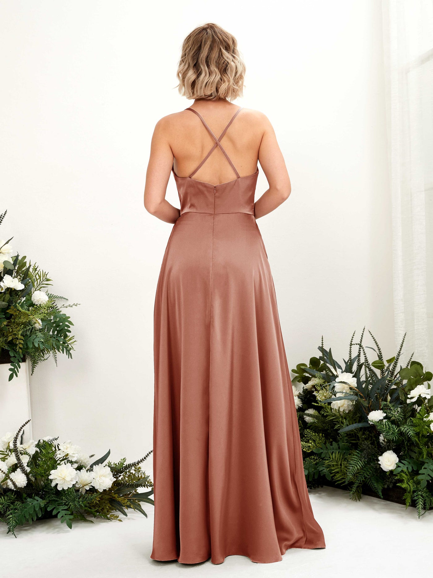 A-line Ball Gown Sexy Slit Straps Satin Bridesmaid Dress - Raw Sienna (80222215)#color_raw-sienna
