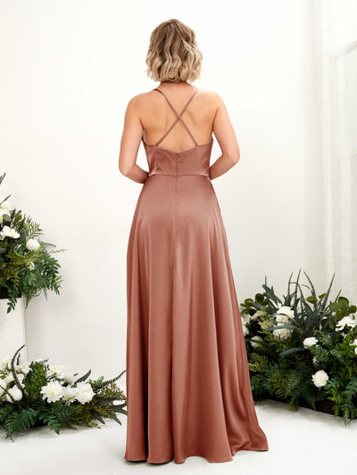 Carlyna Nydia A-Line Raw Sienna Satin Bridesmaid Dress Maxi Sleeveless Cowl Neck Dress Back View #color_raw-sienna