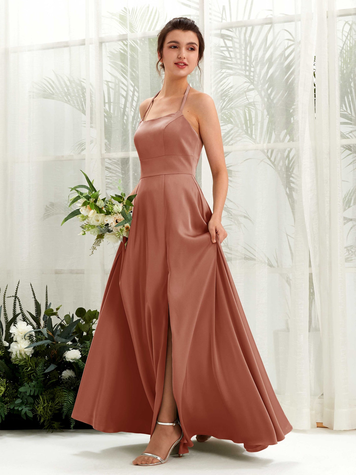 Dusty Rose Satin Halter Bridesmaid Dress A-Line Floor-Length | Carlyna Dusty Rose Satin Halter Bridesmaid Dress A-Line Floor-Length | Carlyna