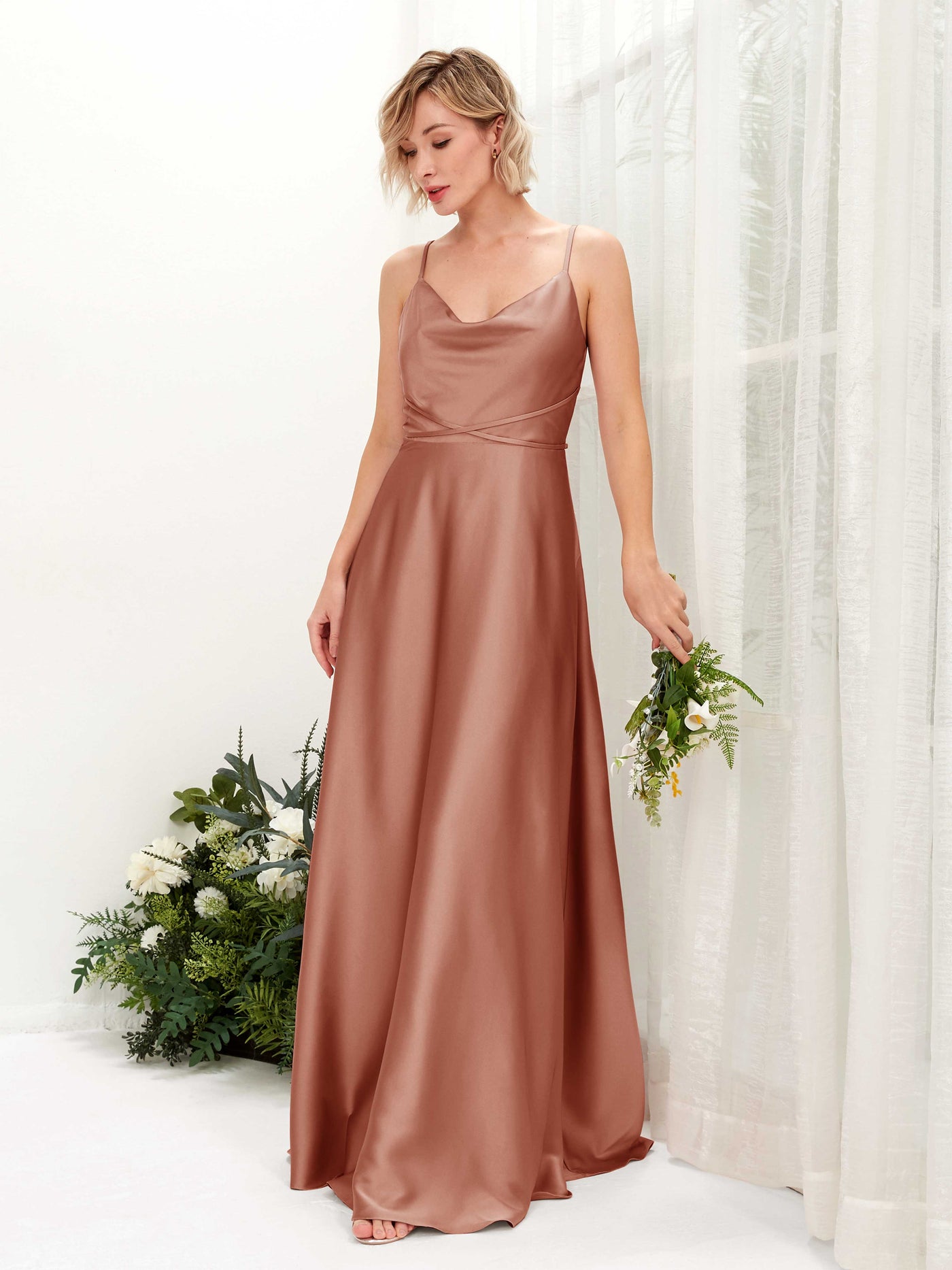 A-line Open back Straps Sleeveless Satin Bridesmaid Dress - Raw Sienna (80223115)#color_raw-sienna