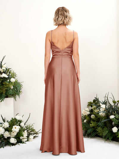Carlyna Wallis A-Line Raw Sienna Satin Bridesmaid Dress Maxi Sleeveless Cowl Neck Dress Back View #color_raw-sienna