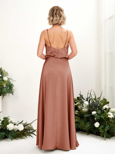 Carlyna Nora A-Line Raw Sienna Satin Bridesmaid Dress Maxi Sleeveless V-Neck Dress Back View #color_raw-sienna