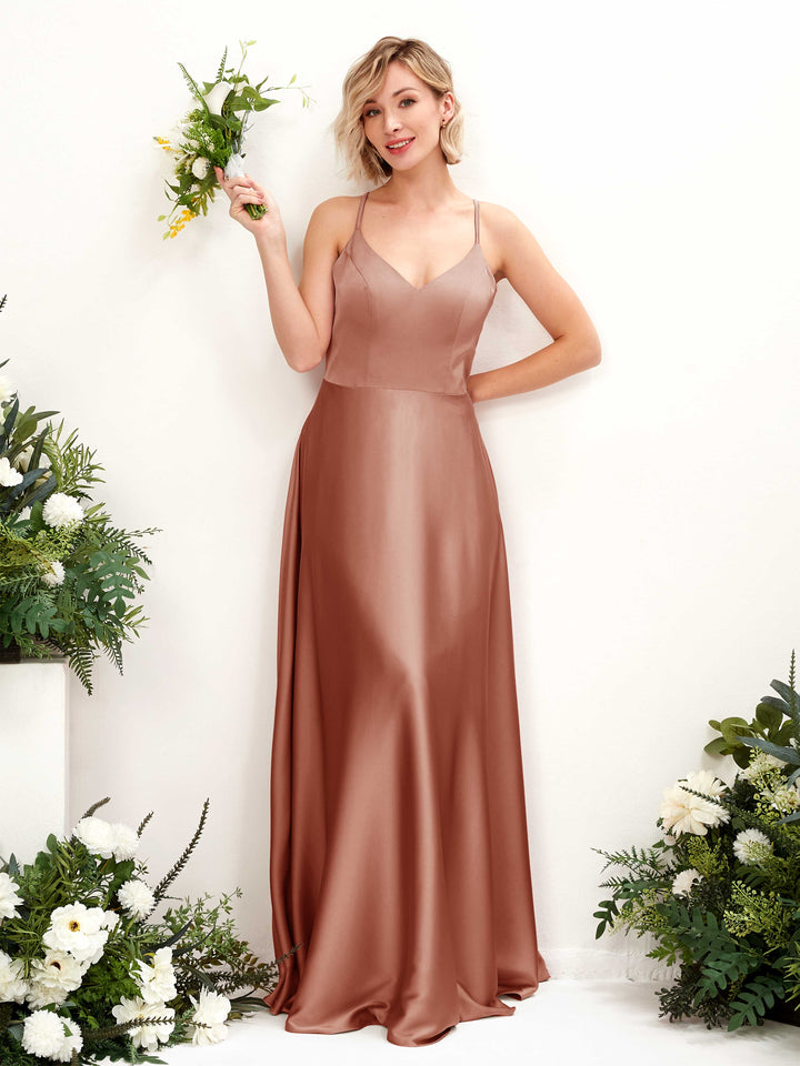 A-line Straps V-neck Satin Bridesmaid Dress - Raw Sienna (80224815)