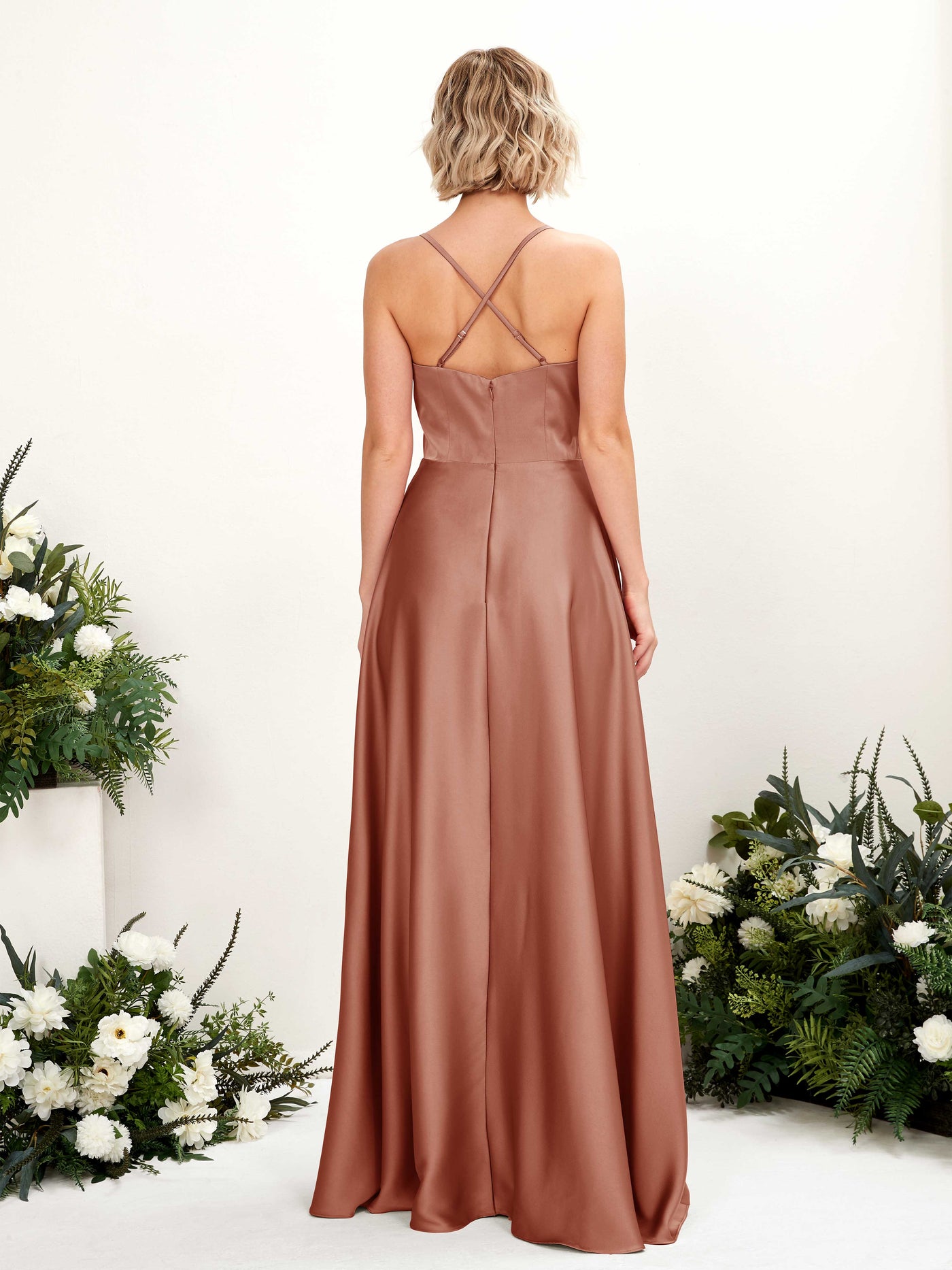 A-line Straps V-neck Satin Bridesmaid Dress - Raw Sienna (80224815)#color_raw-sienna