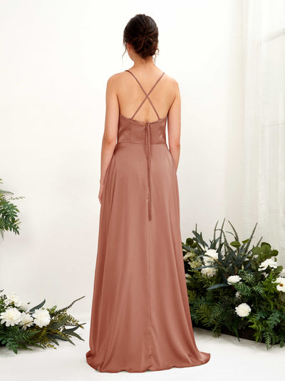 Carlyna Theresa A-Line Raw Sienna Satin Bridesmaid Dress Maxi Sleeveless Cowl Neck Dress Back View #color_raw-sienna
