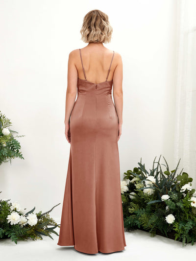 Carlyna Gloria Mermaid Raw Sienna Satin Bridesmaid Dress Maxi Sleeveless Cowl Neck Dress Back View #color_raw-sienna