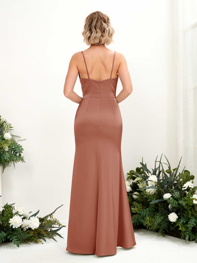 Carlyna Lesley Mermaid Raw Sienna Satin Bridesmaid Dress Maxi Sleeveless Sweetheart Dress Back View #color_raw-sienna