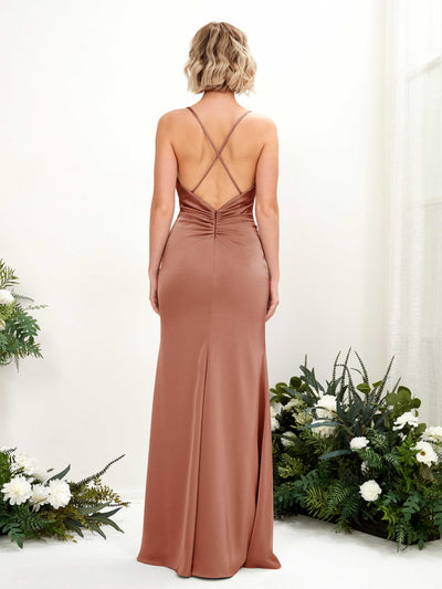 Carlyna Regina Mermaid Raw Sienna Satin Bridesmaid Dress Maxi Sleeveless Cowl Neck Dress Side View 2 #color_raw-sienna