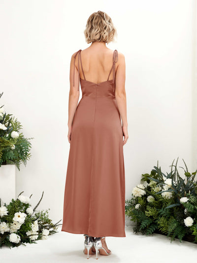 Carlyna Viola Sheath Raw Sienna Satin Bridesmaid Dress Midi Sleeveless Cowl Neck Dress Back View #color_raw-sienna