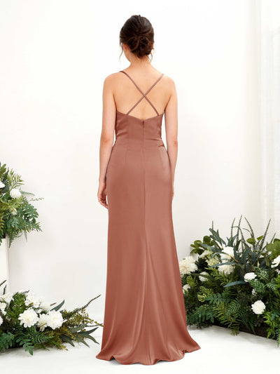 Carlyna Mavis Slim Raw Sienna Satin Bridesmaid Dress Maxi Sleeveless Cowl Neck Dress Back View #color_raw-sienna