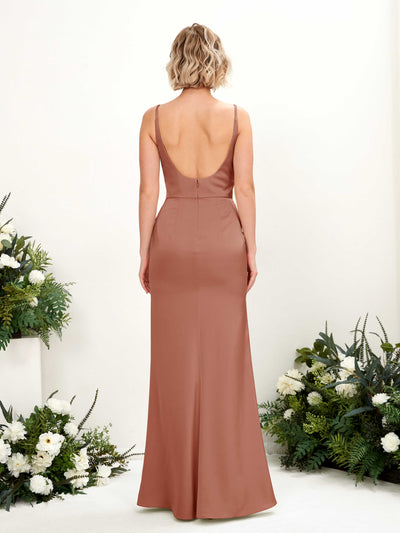 Carlyna Agatha Mermaid Raw Sienna Satin Bridesmaid Dress Maxi Sleeveless V-Neck Dress Back View #color_raw-sienna