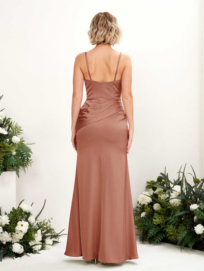 Carlyna Shirley Mermaid Raw Sienna Satin Bridesmaid Dress Maxi Sleeveless V-Neck Dress Back View #color_raw-sienna