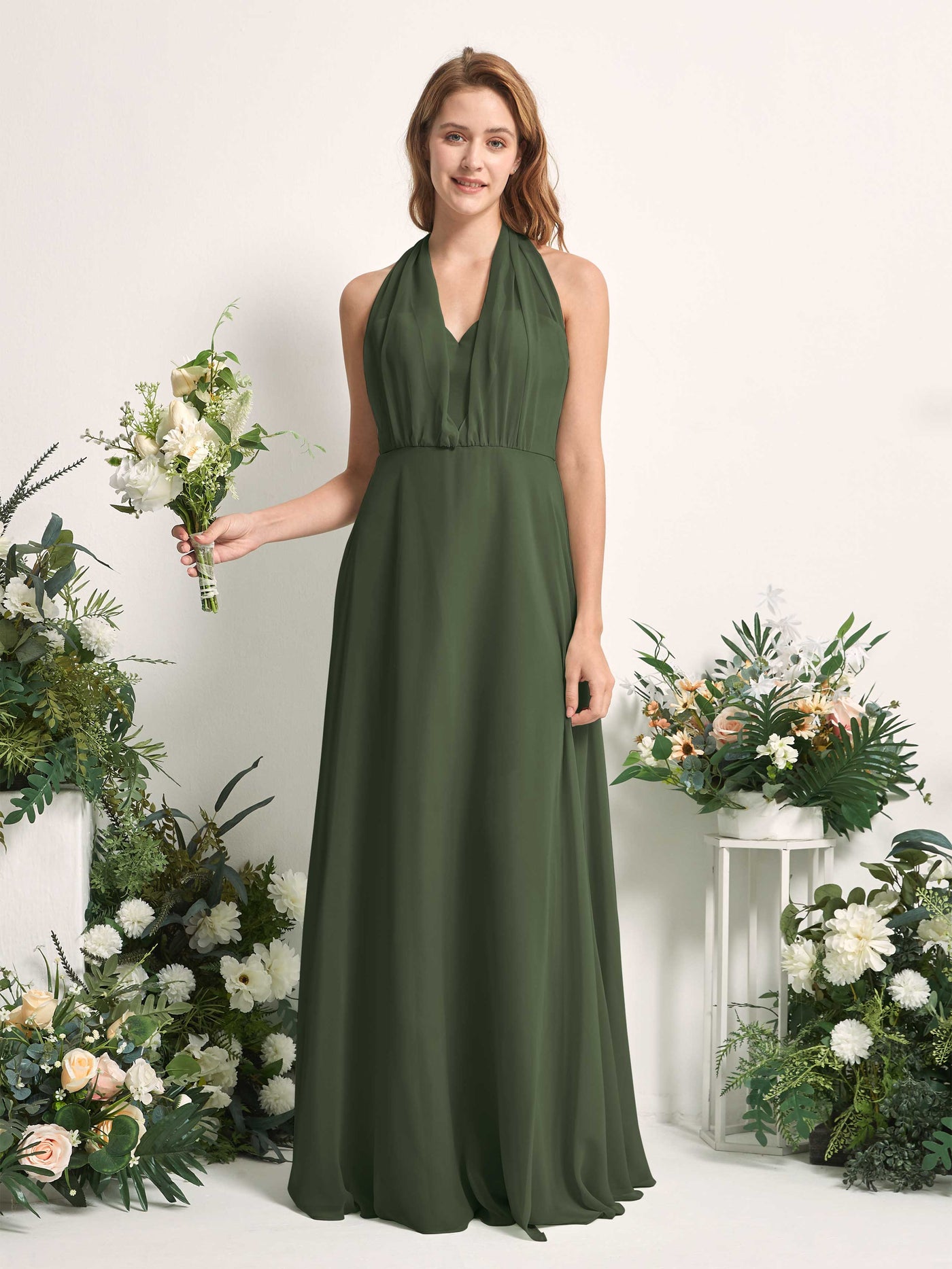 Martini Olive Bridesmaid Dresses Bridesmaid Dress A-line Chiffon Halter Full Length Short Sleeves Wedding Party Dress (81226307)#color_martini-olive