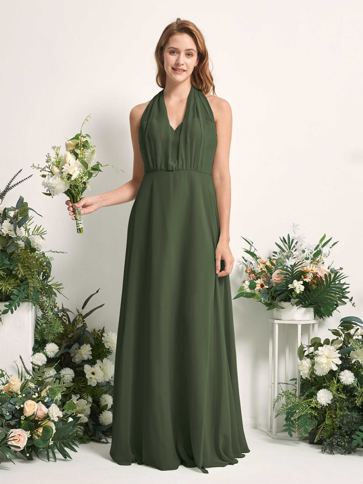 Martini Olive Bridesmaid Dresses Bridesmaid Dress A-line Chiffon Halter Full Length Short Sleeves Wedding Party Dress (81226307)