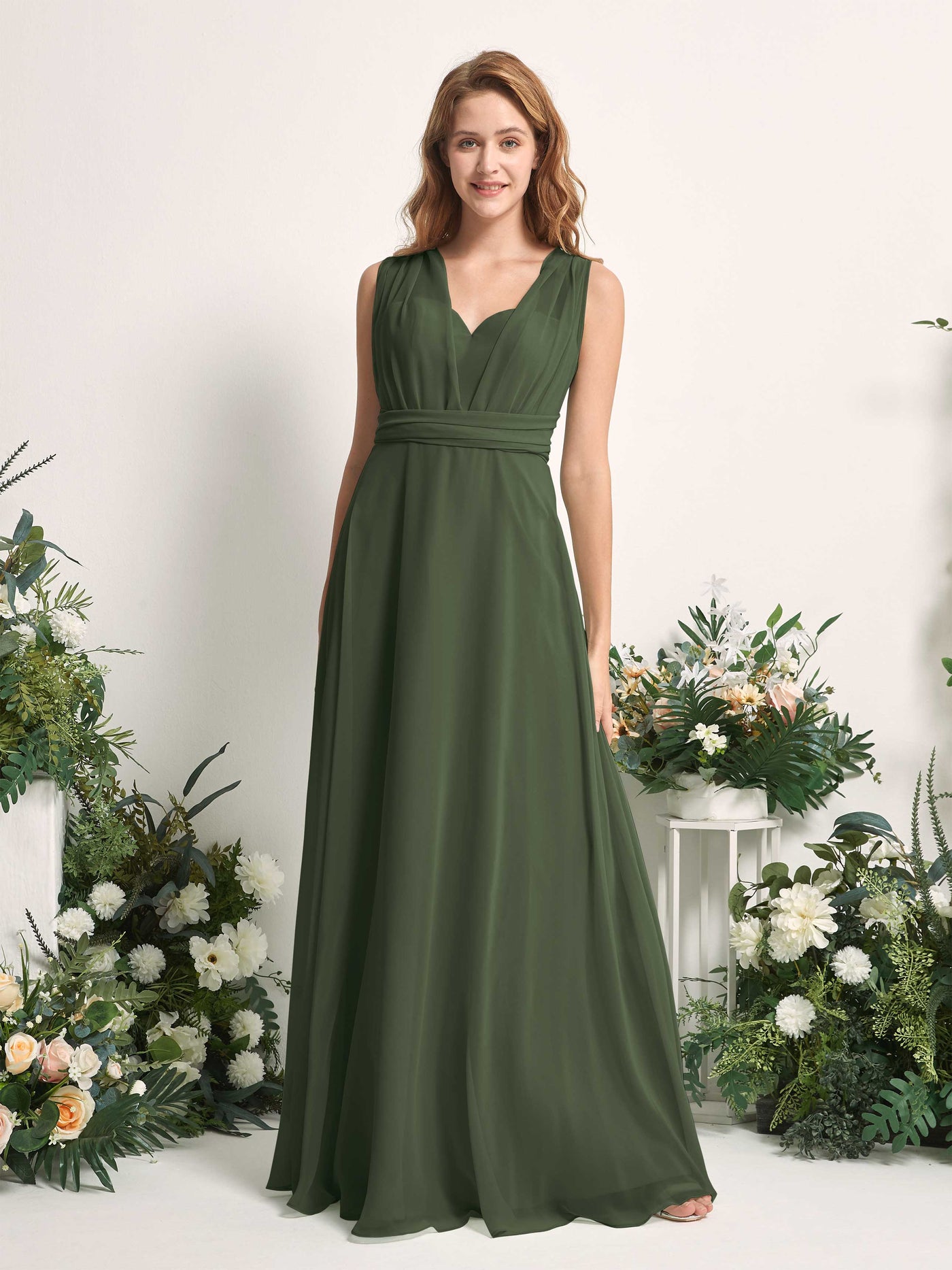 Martini Olive Bridesmaid Dresses Bridesmaid Dress A-line Chiffon Halter Full Length Short Sleeves Wedding Party Dress (81226307)#color_martini-olive