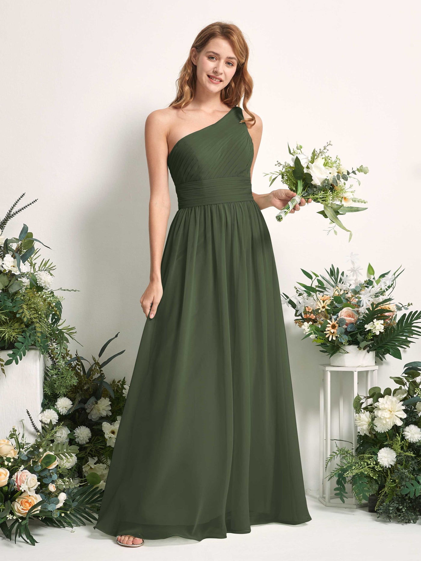 Bridesmaid Dress A-line Chiffon One Shoulder Full Length Sleeveless Wedding Party Dress - Martini Olive (81226707)#color_martini-olive