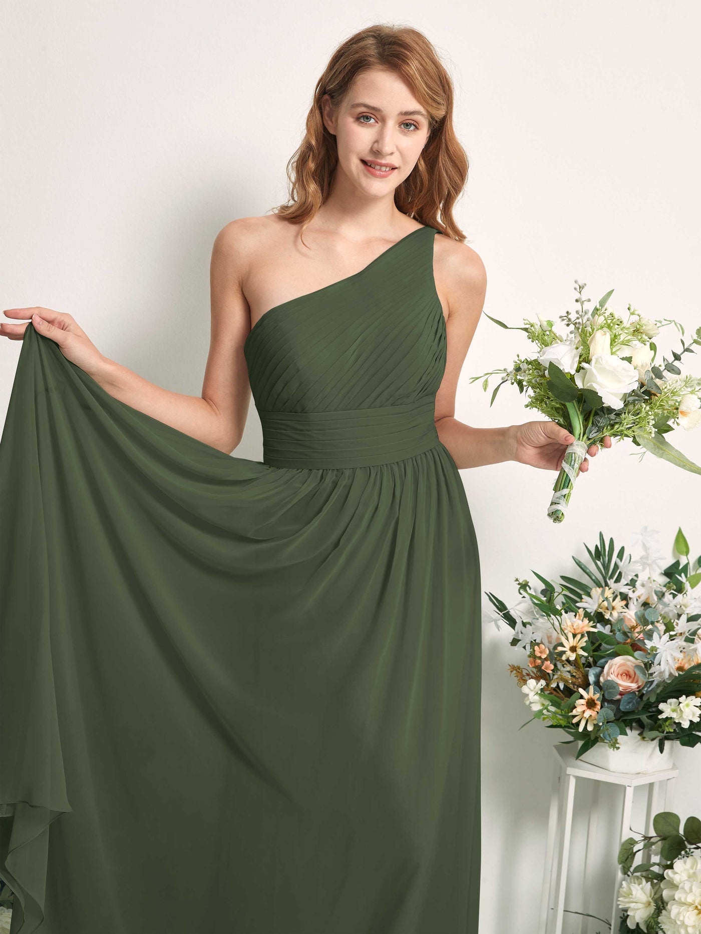 Bridesmaid Dress A-line Chiffon One Shoulder Full Length Sleeveless Wedding Party Dress - Martini Olive (81226707)#color_martini-olive