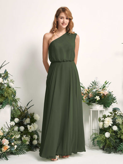 Carlyna Cecily A-Line Martini Olive Bridesmaid Dress Maxi Sleeveless One Shoulder Dress Front View #color_martini-olive
