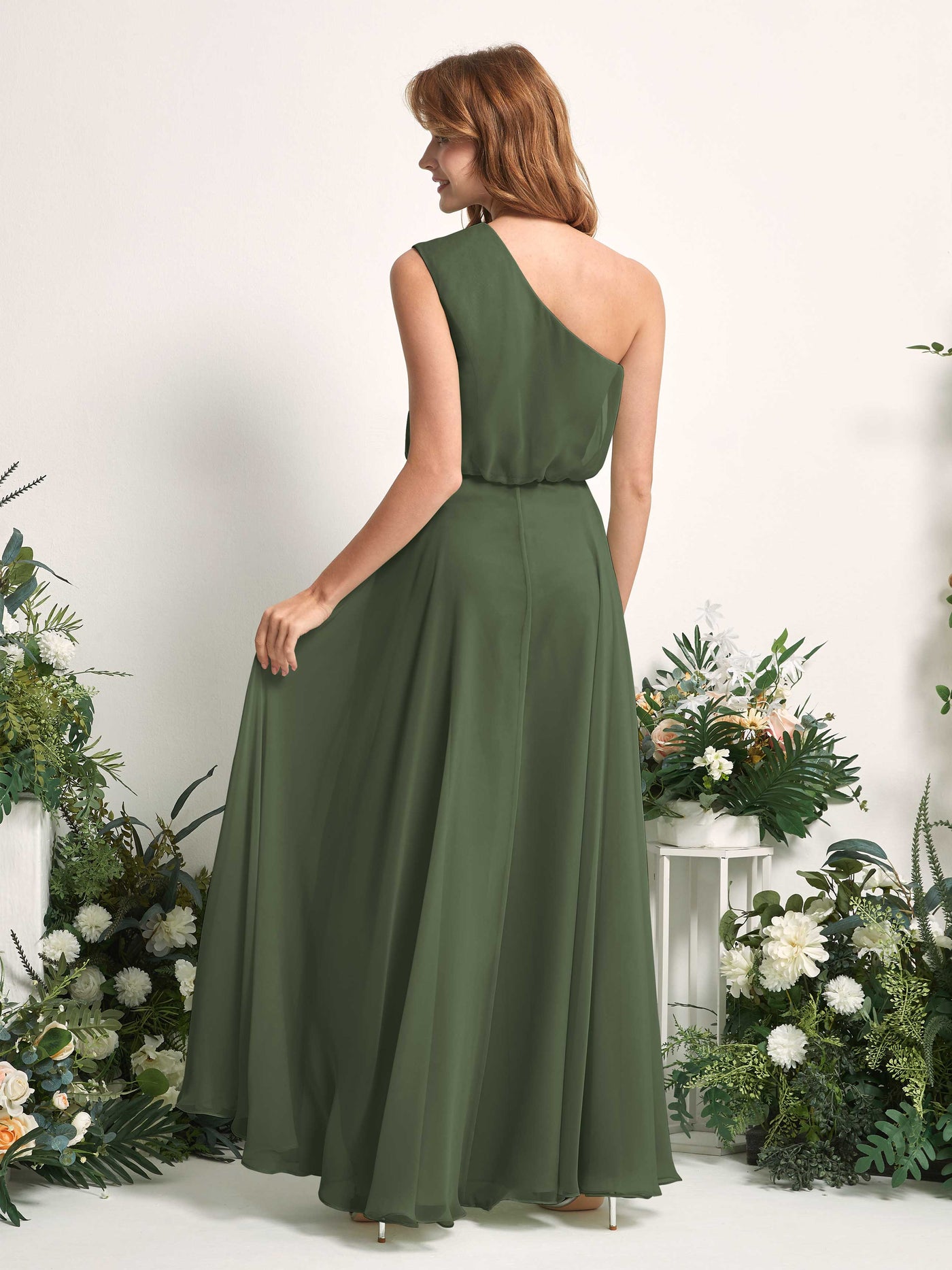 Bridesmaid Dress A-line Chiffon One Shoulder Full Length Sleeveless Wedding Party Dress - Martini Olive (81226807)#color_martini-olive