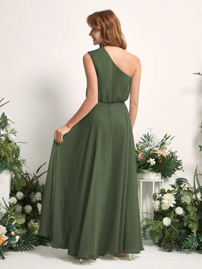 Carlyna Cecily A-Line Martini Olive Bridesmaid Dress Maxi Sleeveless One Shoulder Dress Back View #color_martini-olive