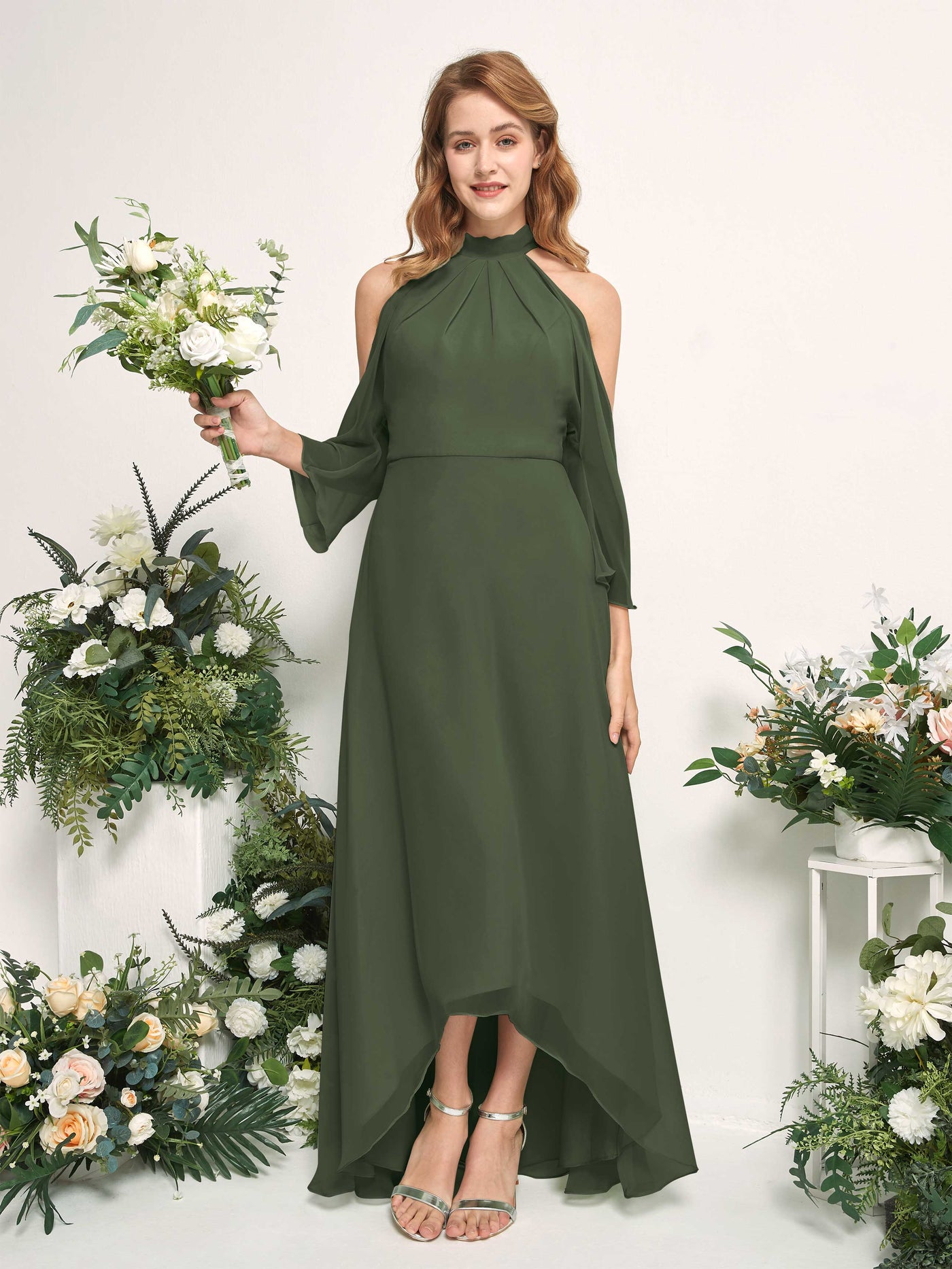Bridesmaid Dress A-line Chiffon Halter High Low 3/4 Sleeves Wedding Party Dress - Martini Olive (81227607)#color_martini-olive