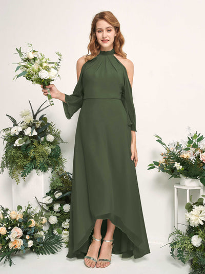 Bridesmaid Dress A-line Chiffon Halter High Low 3/4 Sleeves Wedding Party Dress - Martini Olive (81227607)#color_martini-olive