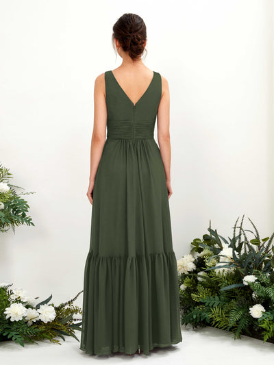 Carlyna Alissa A-Line Martini Olive Bridesmaid Dress Maxi Sleeveless V-Neck Dress Back View #color_martini-olive