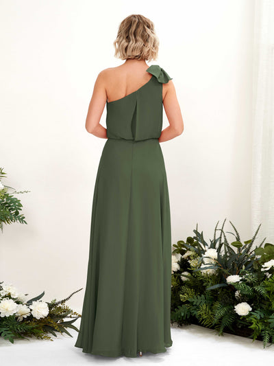 Carlyna Laurel A-Line Martini Olive Bridesmaid Dress Maxi Sleeveless One Shoulder Dress Back View #color_martini-olive